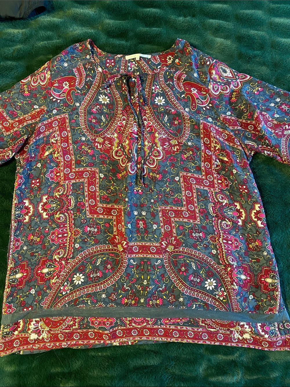 Violet & Claire Teal and Red Paisley Tie-Neck Tunic